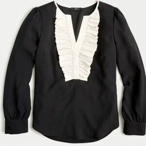J.Crew Long-sleeve ruffle-front top in satin crepe-AE861-black white-NWT